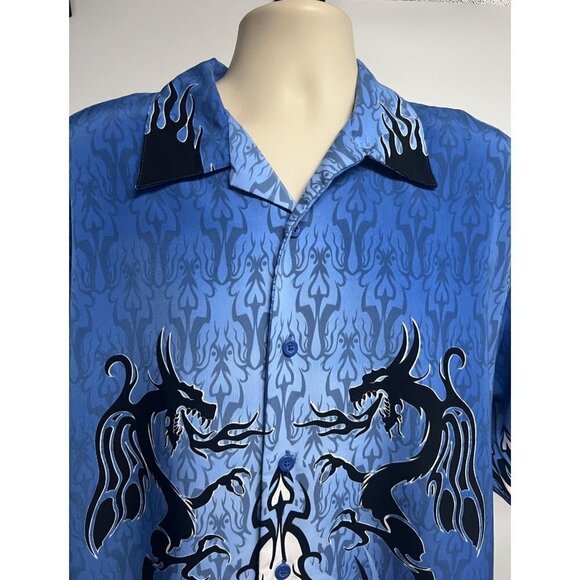 Dragonfly Mens Blue Vintage Dragons Flames All Over Print Button Front Shirt XL - Picture 4 of 7